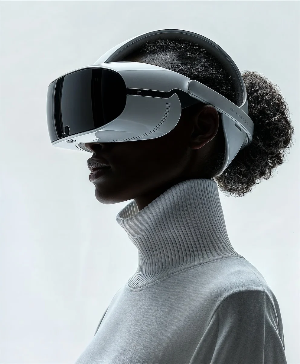 Studio portrait of a person wearing an extended-reality headset